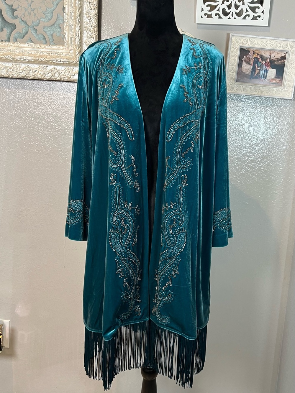 Chico's Teal Velvet Beaded Fringe Kimono